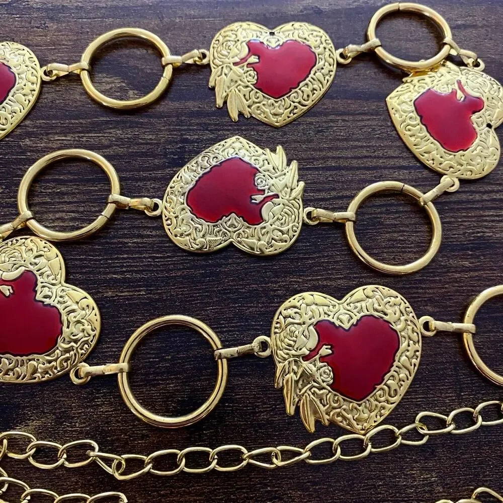 Gold Y2K Red Heart Open Ring Waist Chain Belt, Fits 25.5-45 Inches, X7GA1295